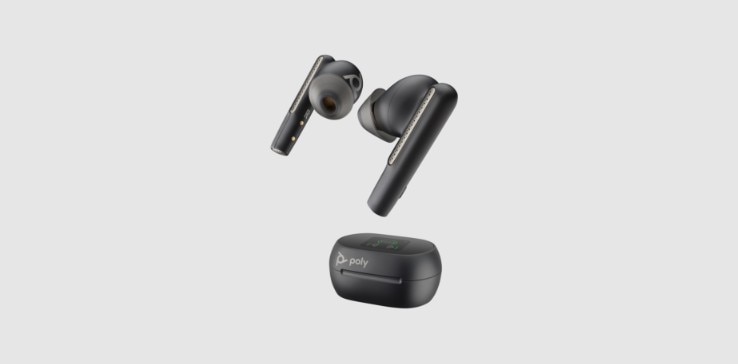 Poly Voyager Free 60+ UC wireless earbuds shown with case Poly Voyager Free 60+ UC wireless earbuds shown with case